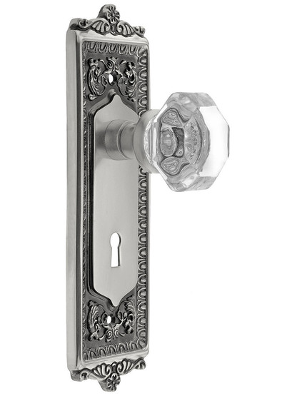 Egg and Dart Style Mortise Lock Set with Waldorf Crystal Door Knobs in Antique Pewter.